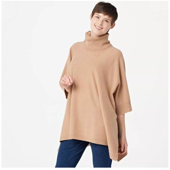 Soft by Naadam Women’s Tan Cashmere Button Turtleneck Oversized Poncho Sweater - Picture 1 of 8